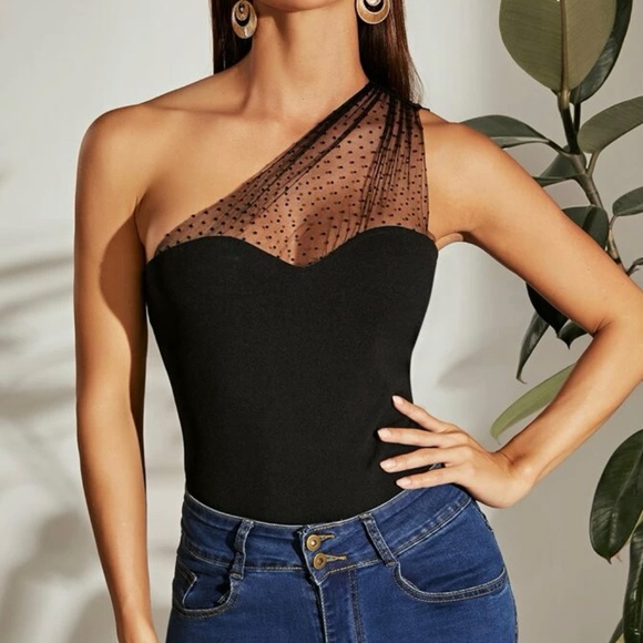 Tops - Polka dot mesh one shoulder blouse large